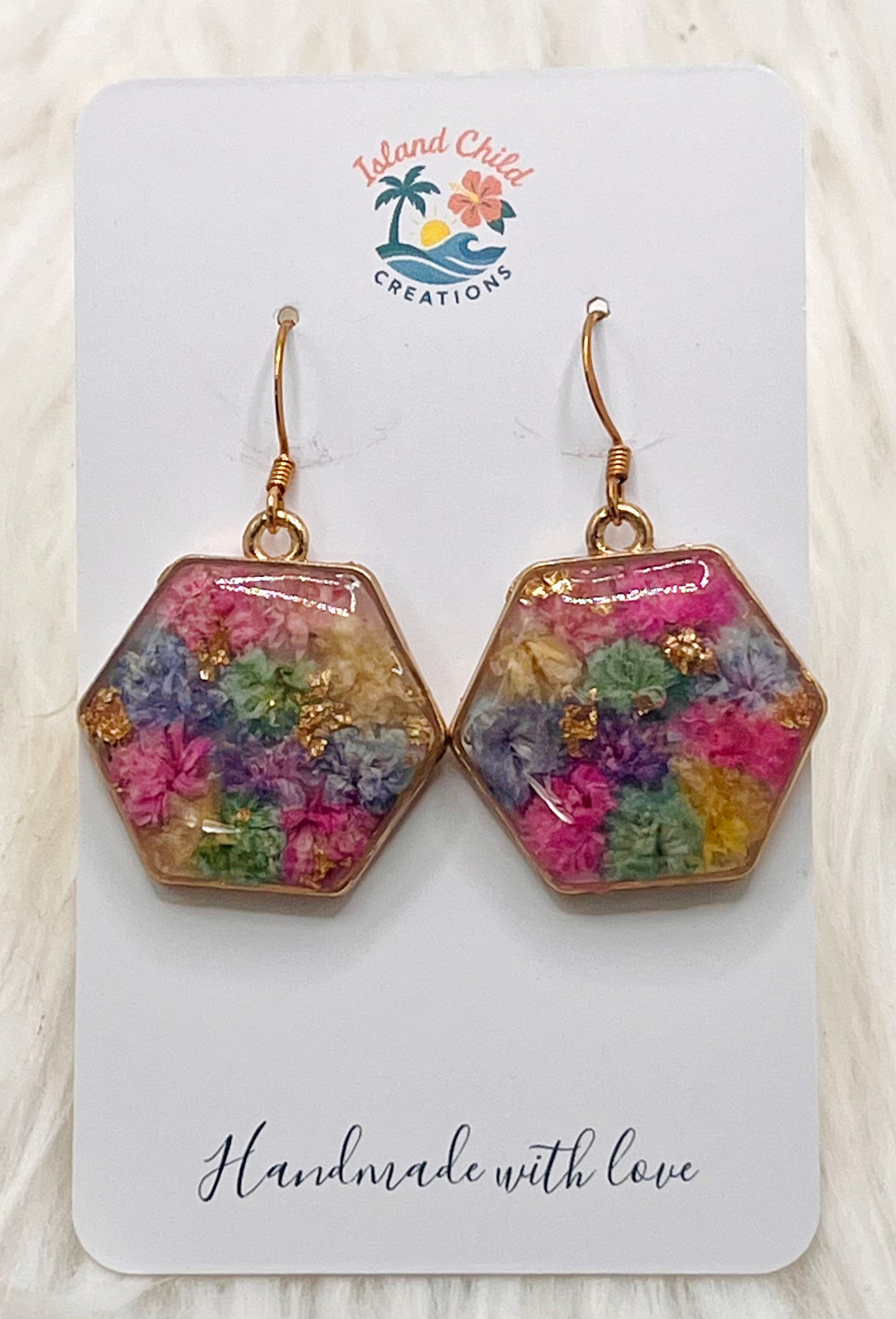 HEXAGON COLORFUL FLORAL DANGLES