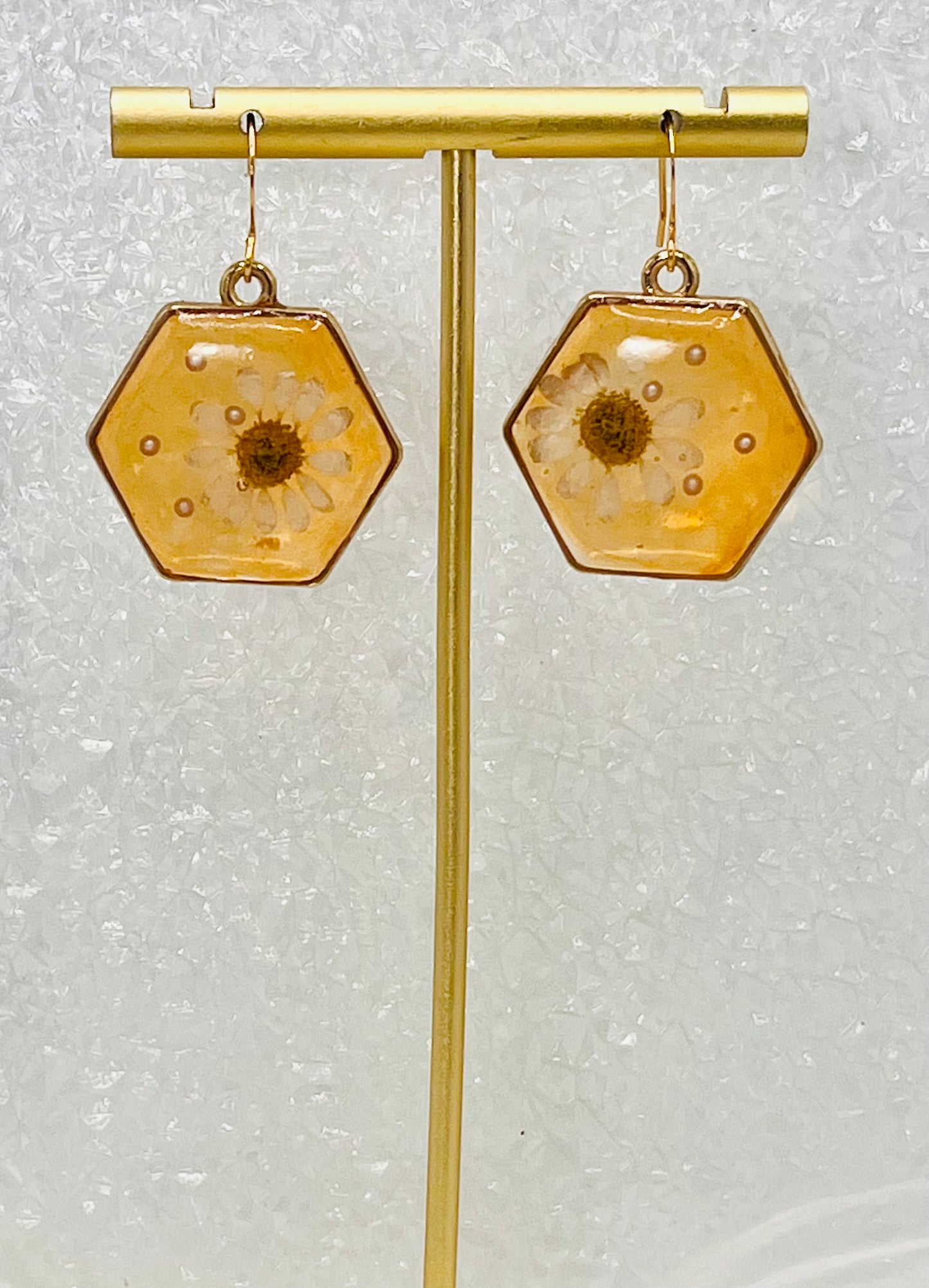 HEXAGON ORANGE FLORAL DANGLES