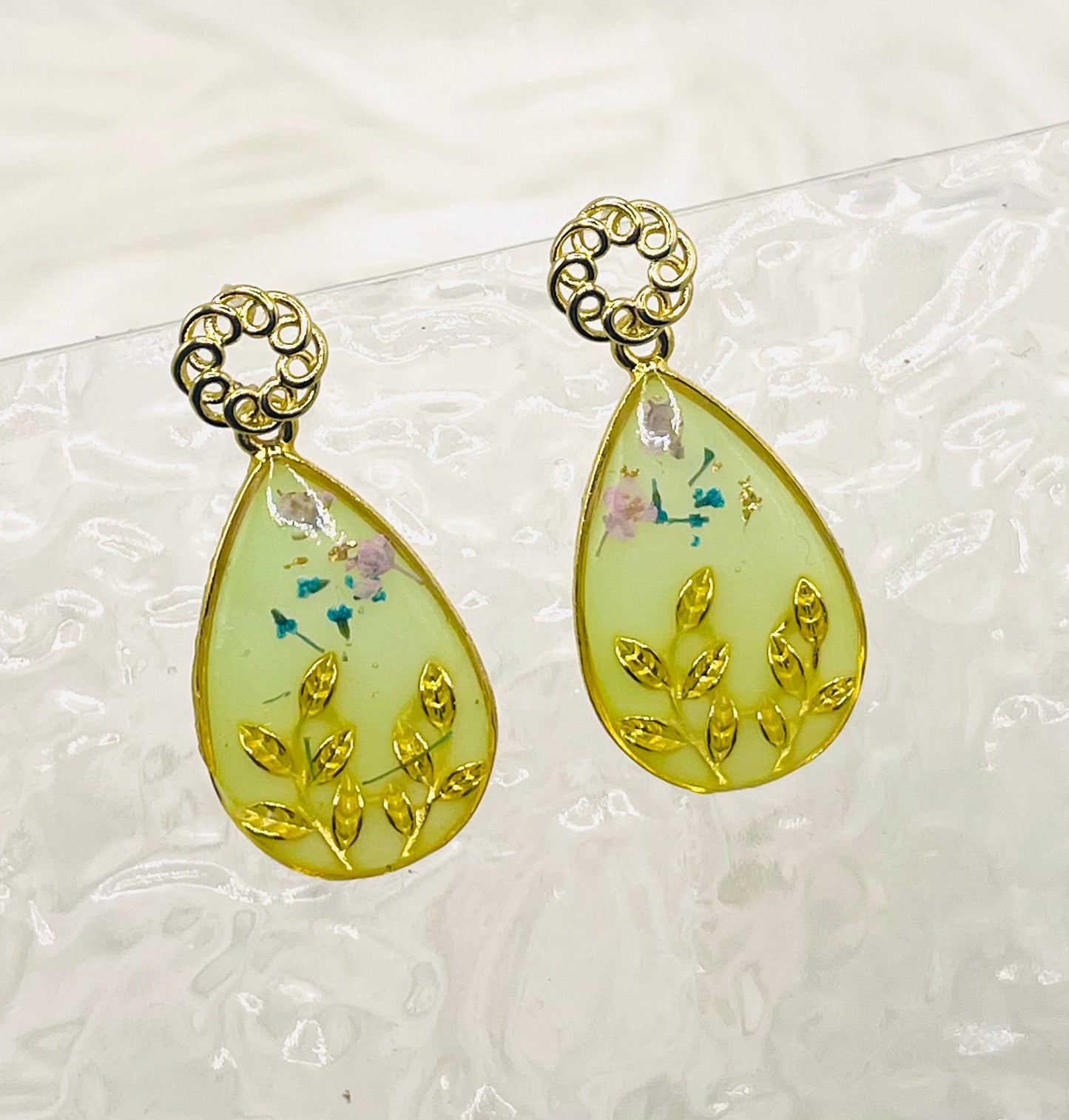 TEARDROP GREEN FLORAL DANGLES