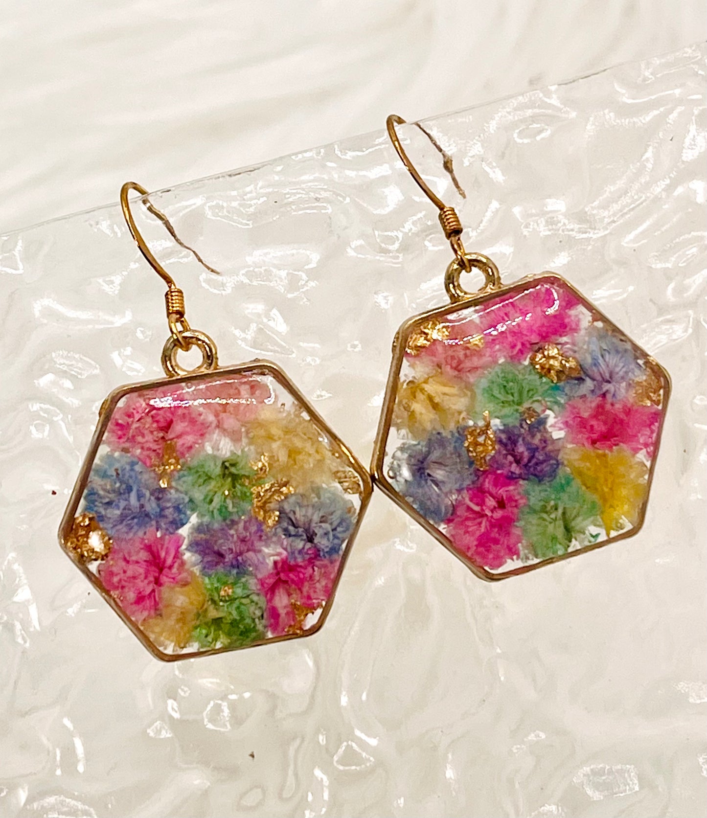 HEXAGON COLORFUL FLORAL DANGLES