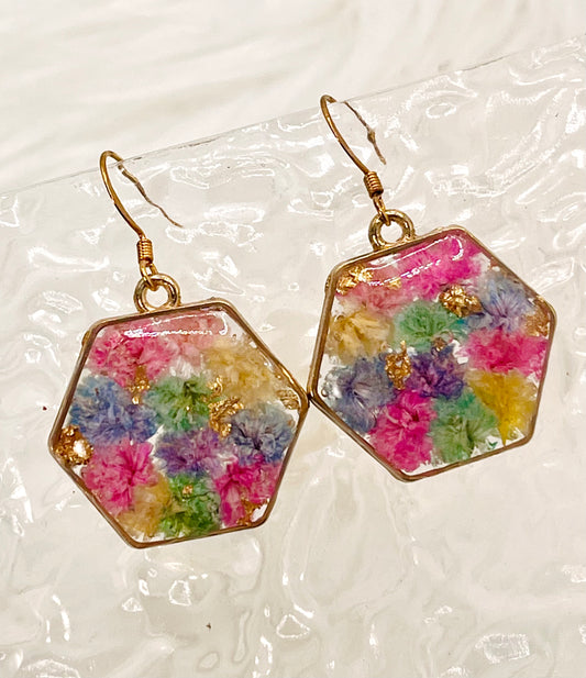 HEXAGON COLORFUL FLORAL DANGLES