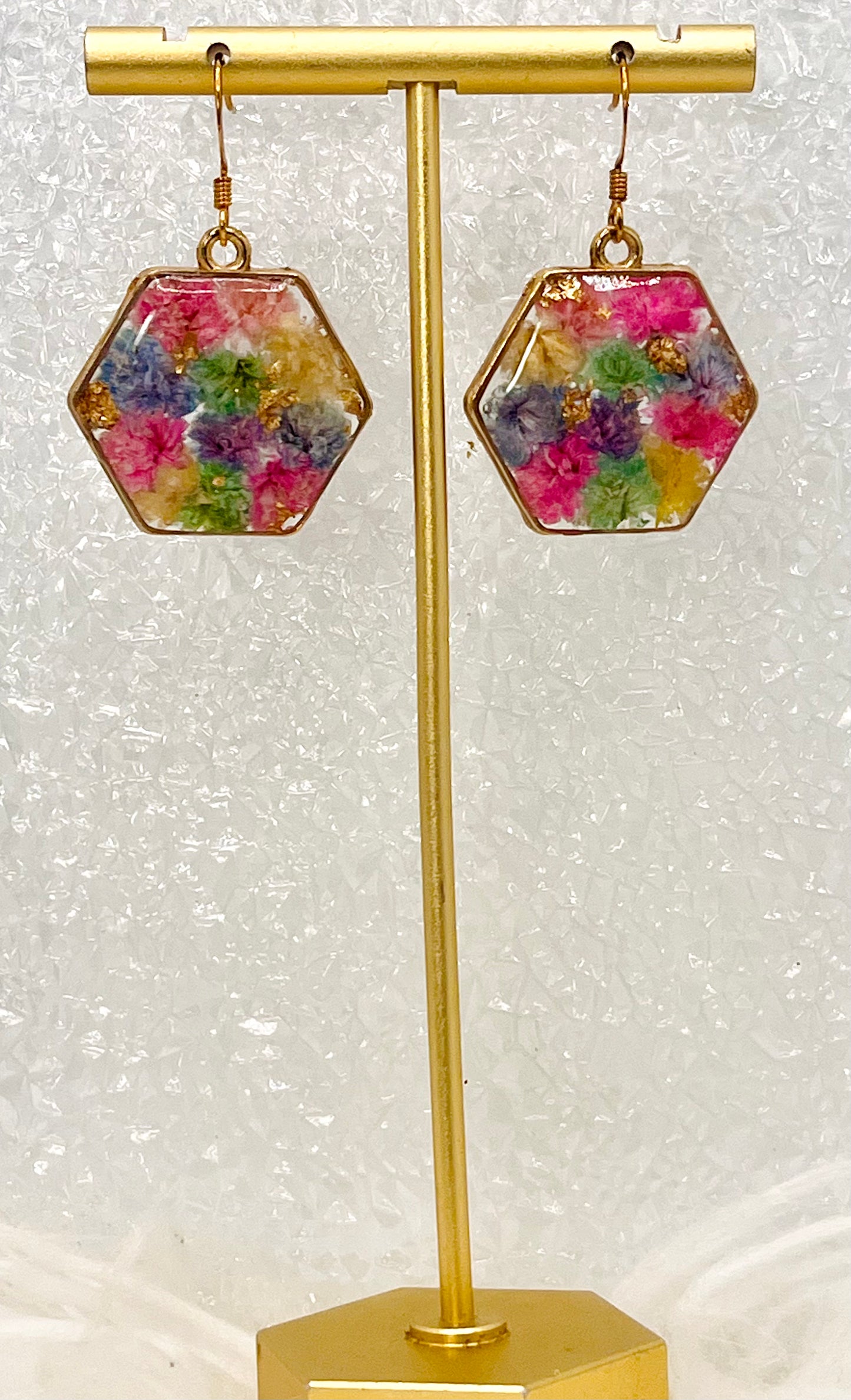 HEXAGON COLORFUL FLORAL DANGLES