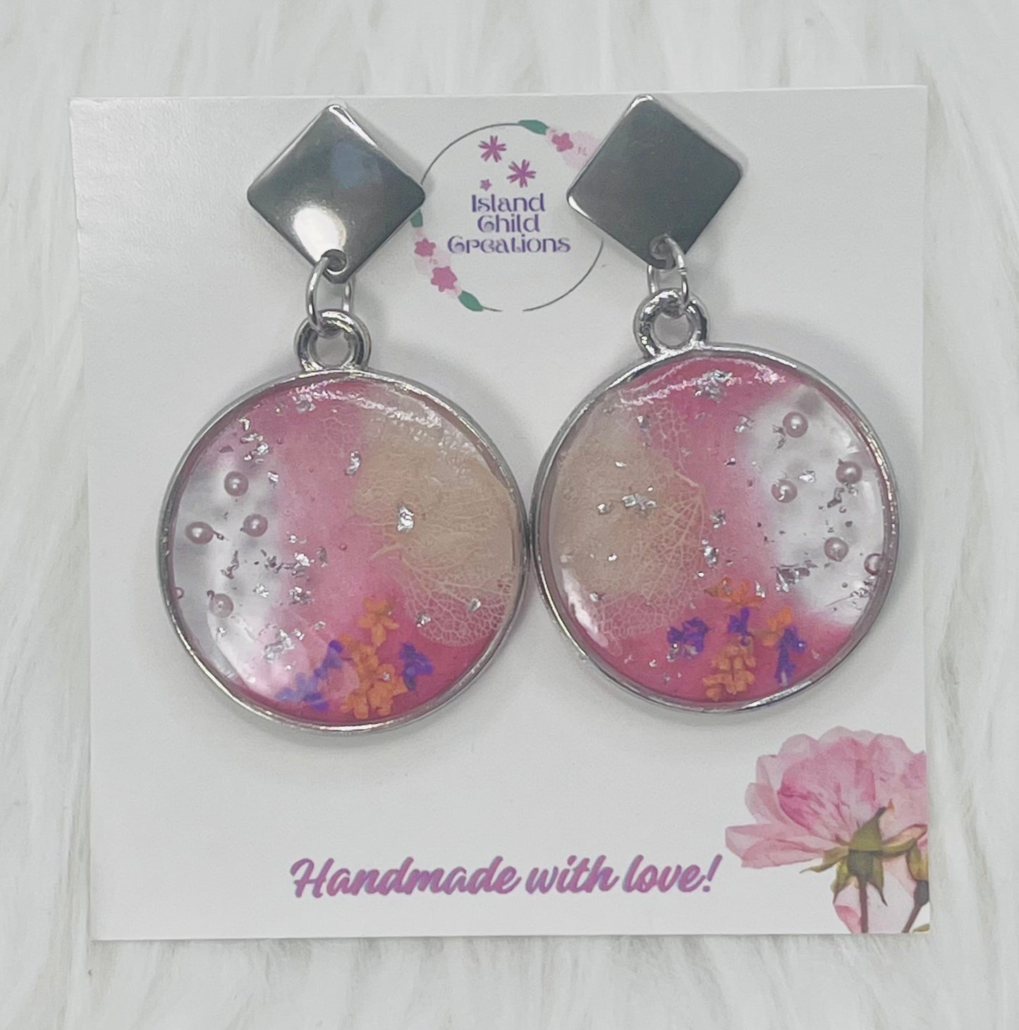 SILVER FLORAL PINK DANGLES