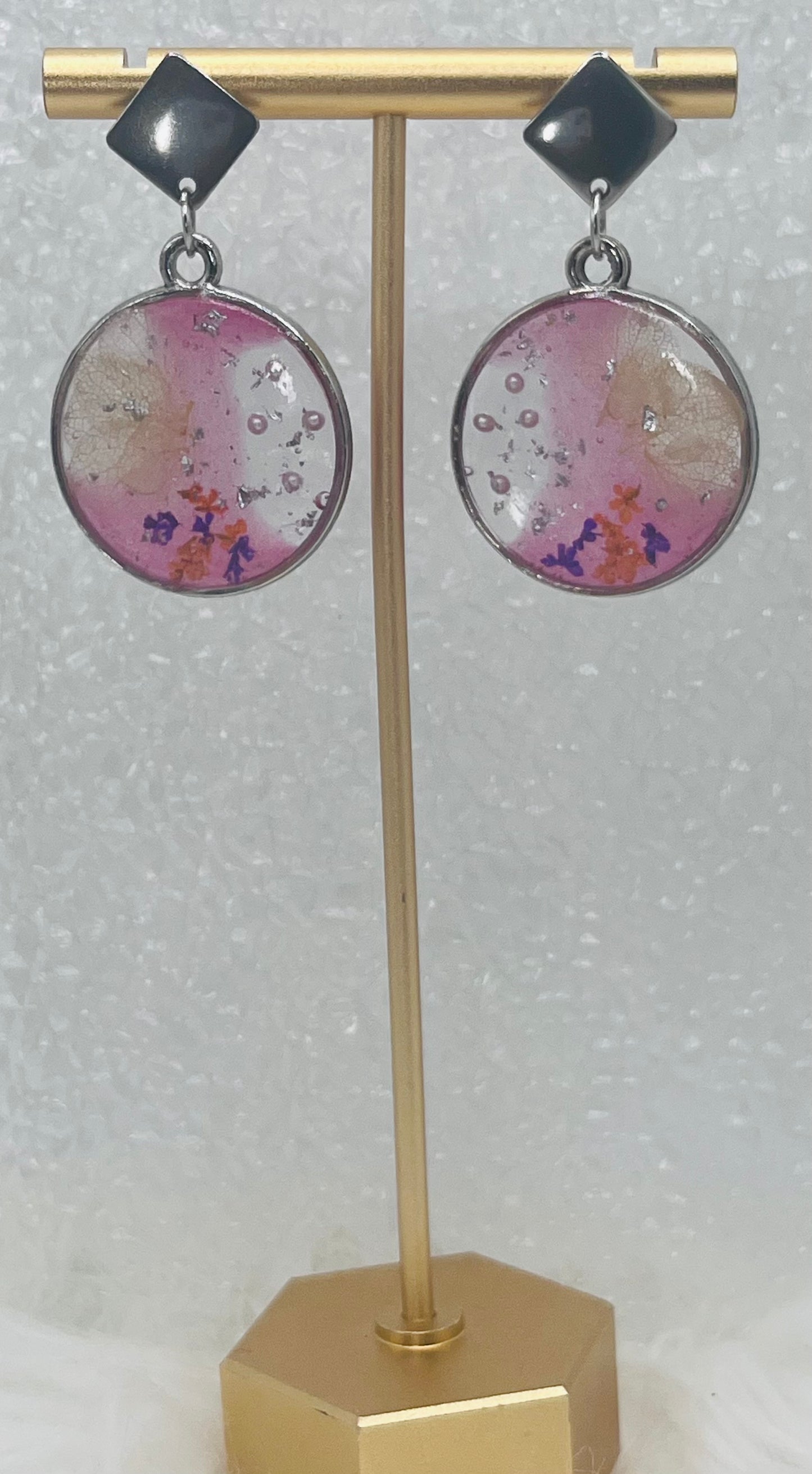 SILVER FLORAL PINK DANGLES
