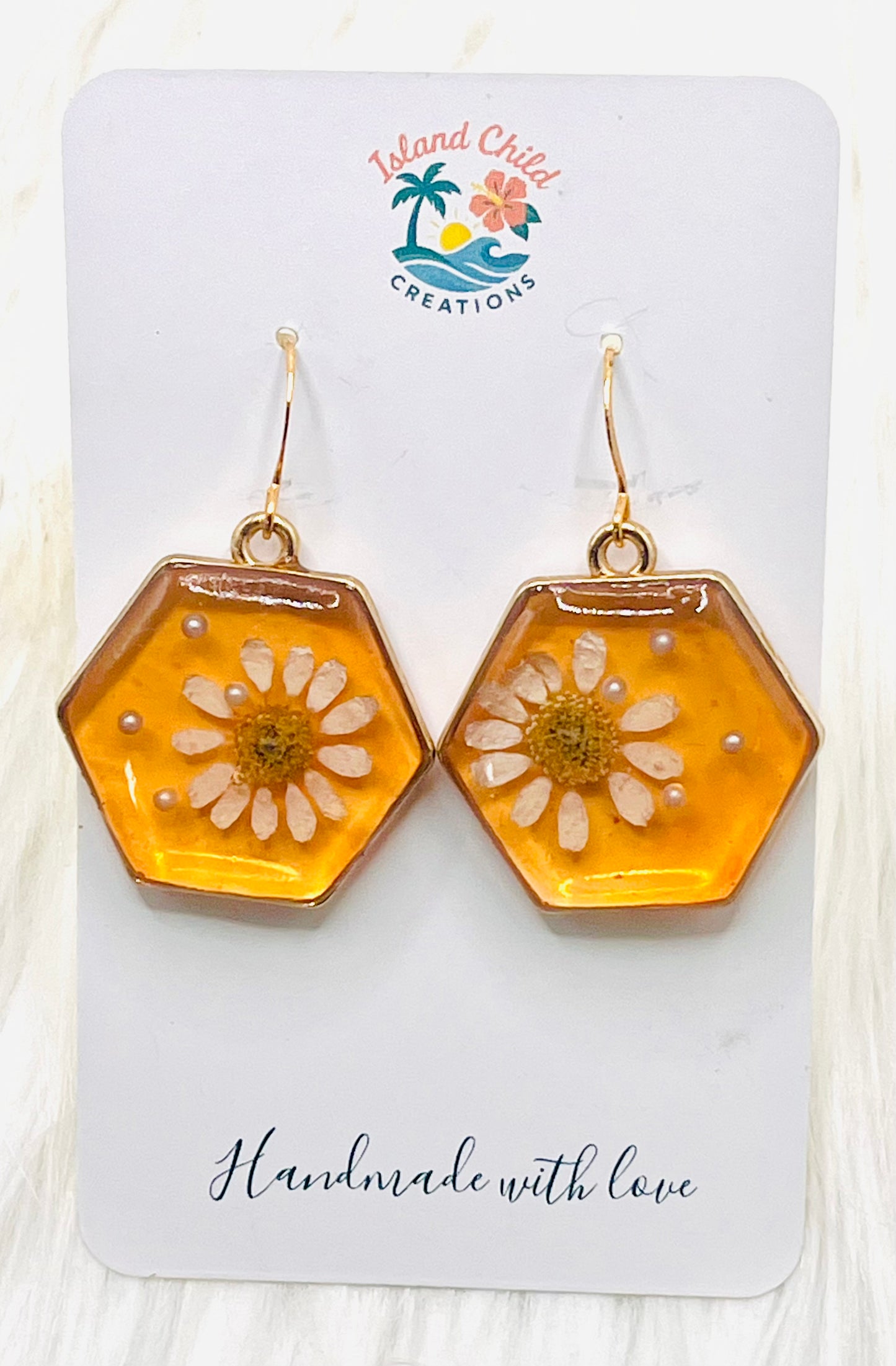 HEXAGON ORANGE FLORAL DANGLES