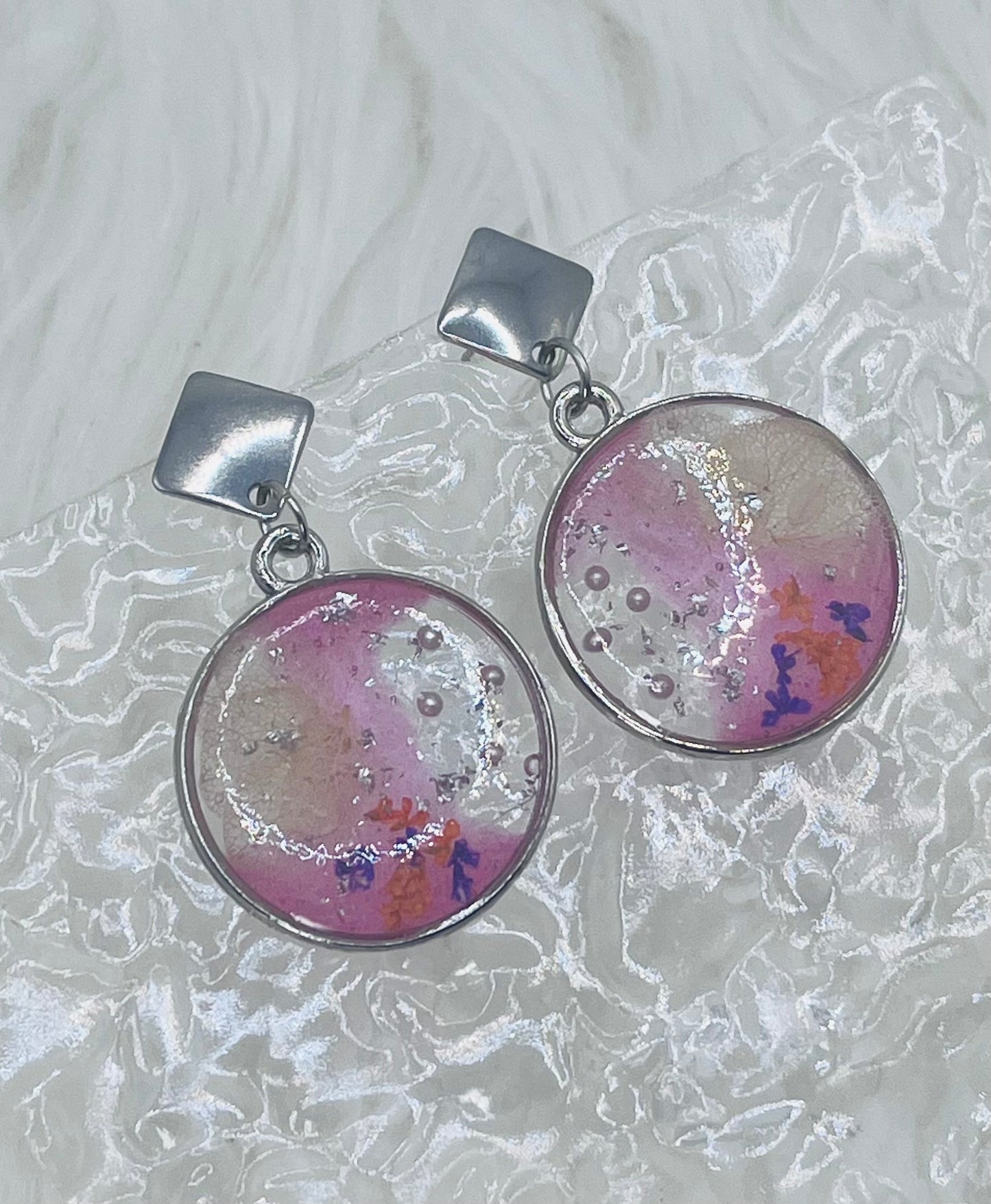 SILVER FLORAL PINK DANGLES