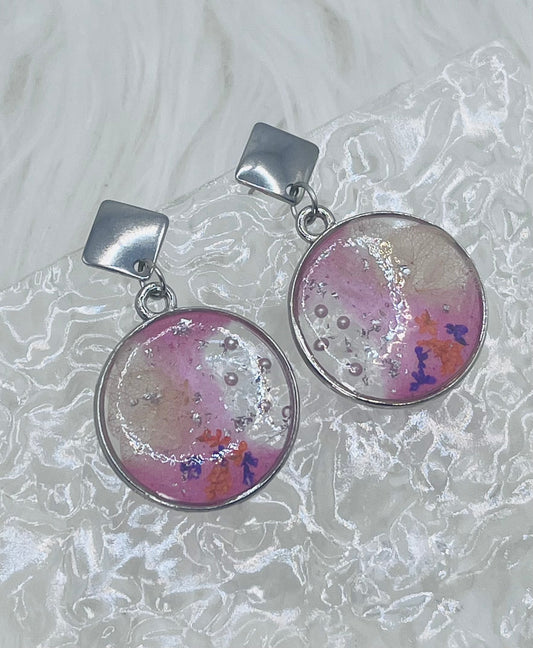SILVER FLORAL PINK DANGLES